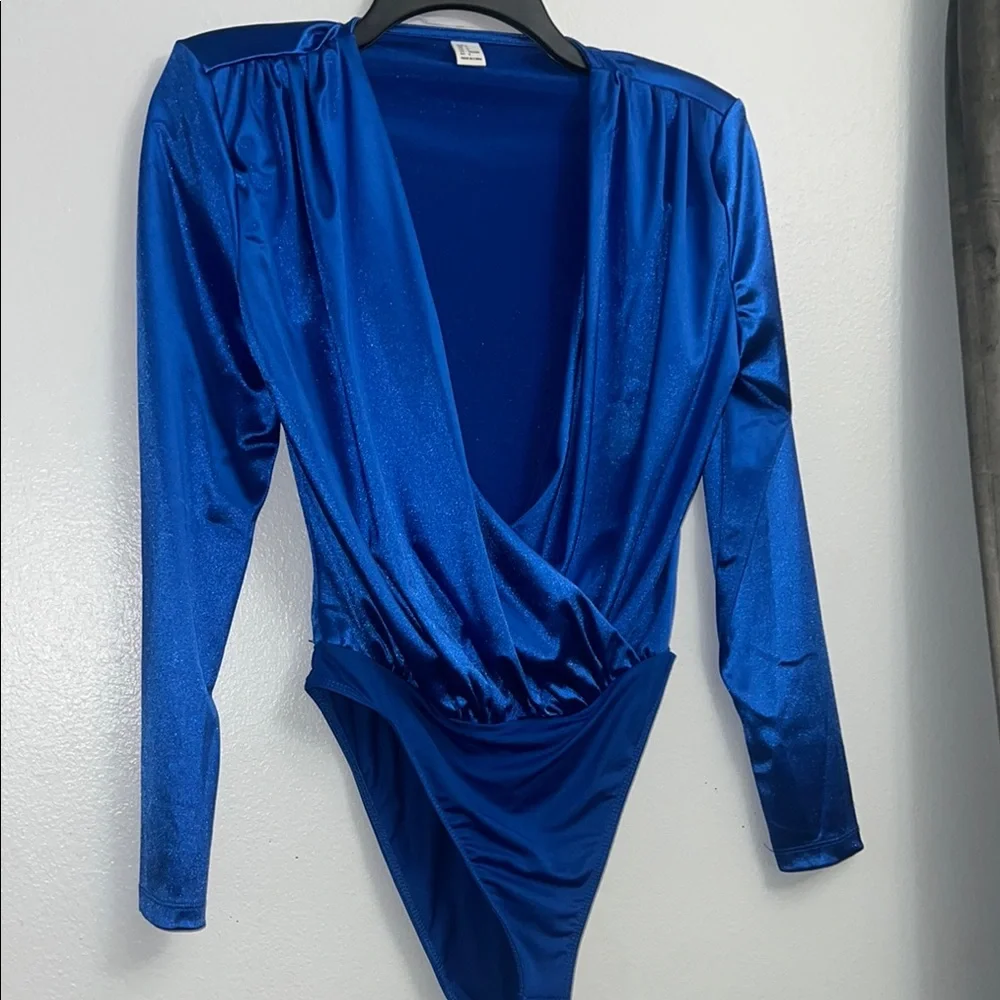 Silk look Royal Blue Long Sleeve Bodysuit Deep V neck - Picture 1 of 7